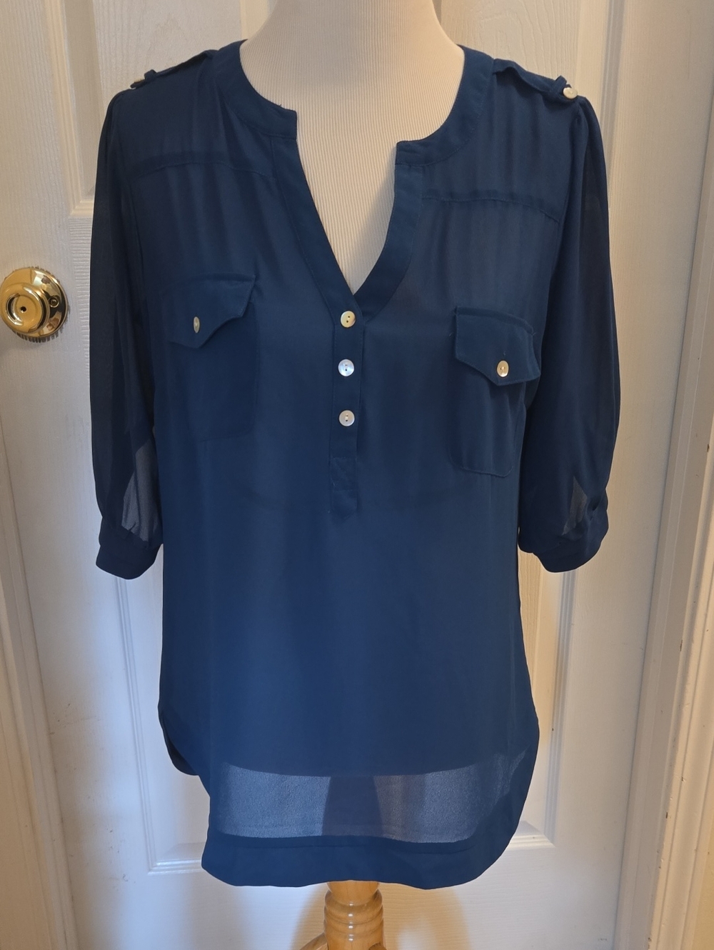 Angie Dark Teal Split-Neck Button Tunic, Size L